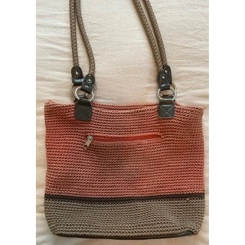 Croft & Barrow Crochet Knit Shoulder Bag Coral Taupe Colorblock Faux Leather